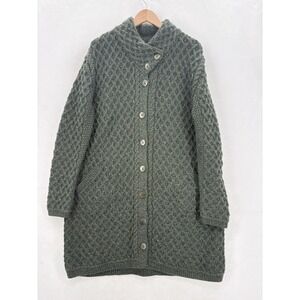 Aran Sweater Market Cardigan Sweater Womens XL Green Merino Wool High Neck Knit